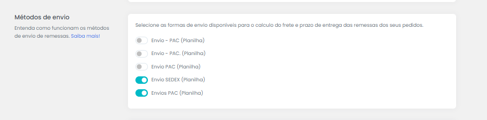 Configuração de métodos de envio disponíveis para o produto físico